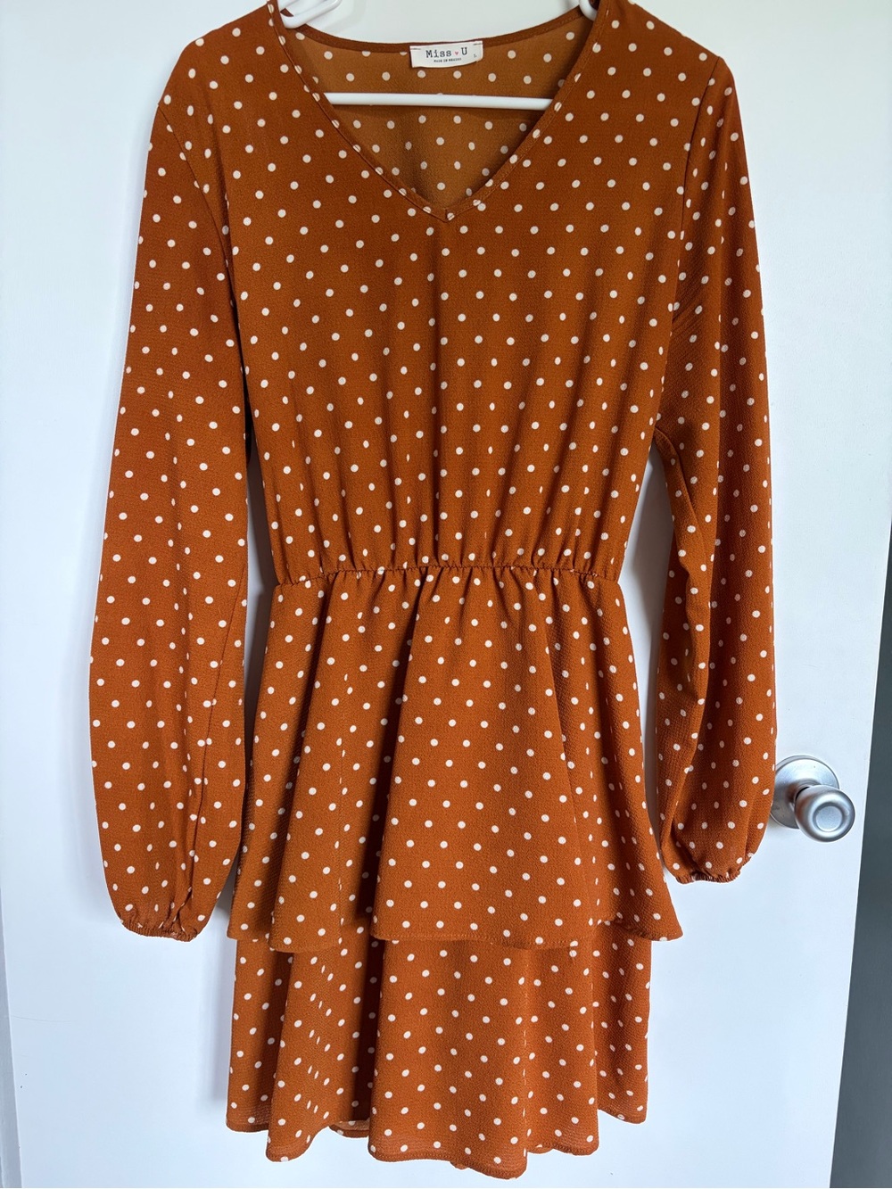 Rust Polka Dot Tiered V-Neck Long Sleeve Dress